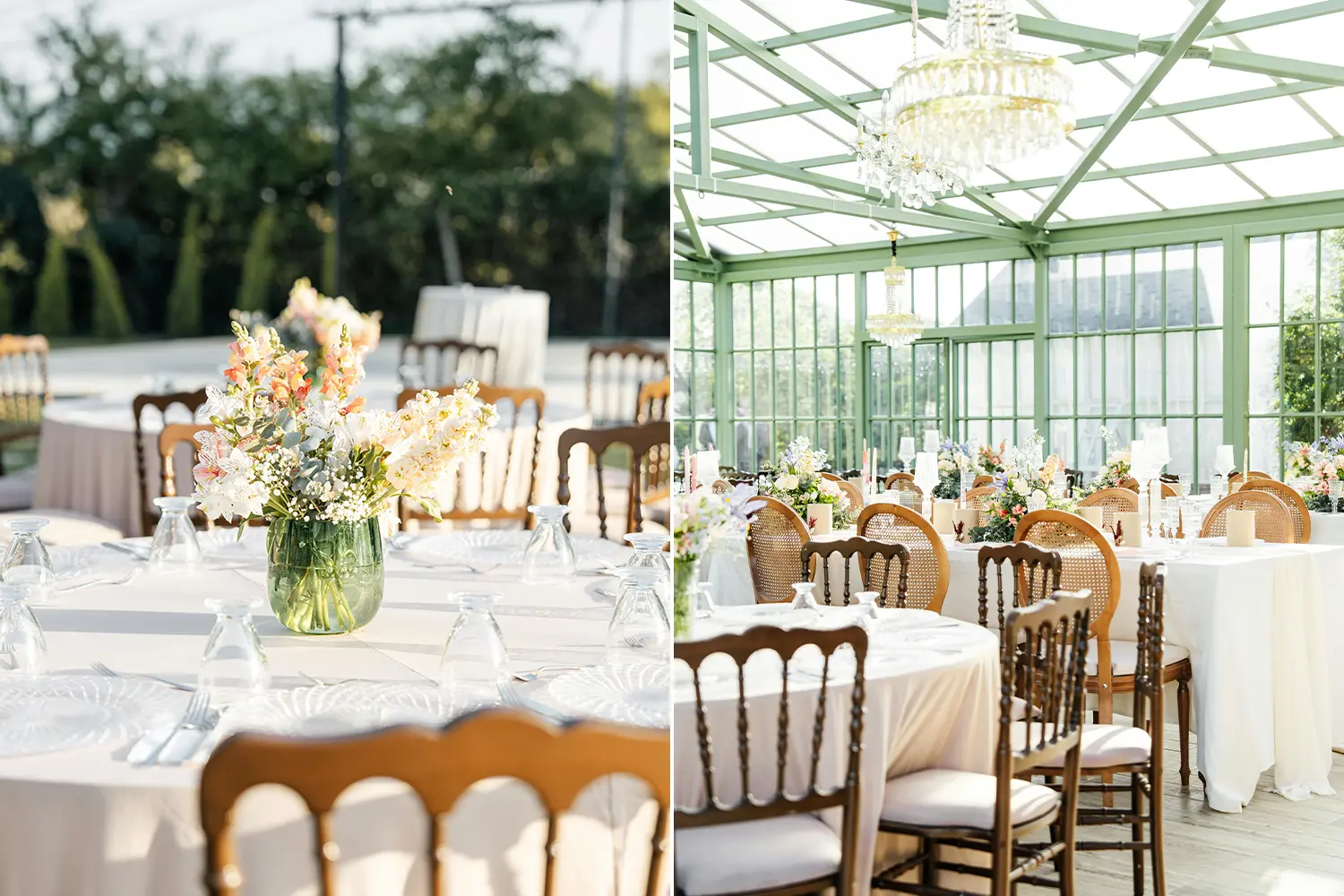 Two photos of wedding reception table settings in a glasshouse. Both feature fresh, locally sourced flowers in vases as the primary decoration, creating a natural aesthetic.